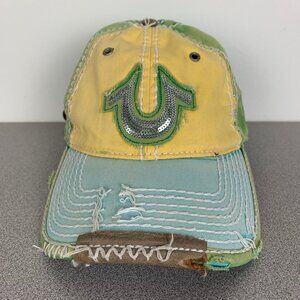 True Religion Distressed Green Yellow Blue Hat Y2K Strapback Cap